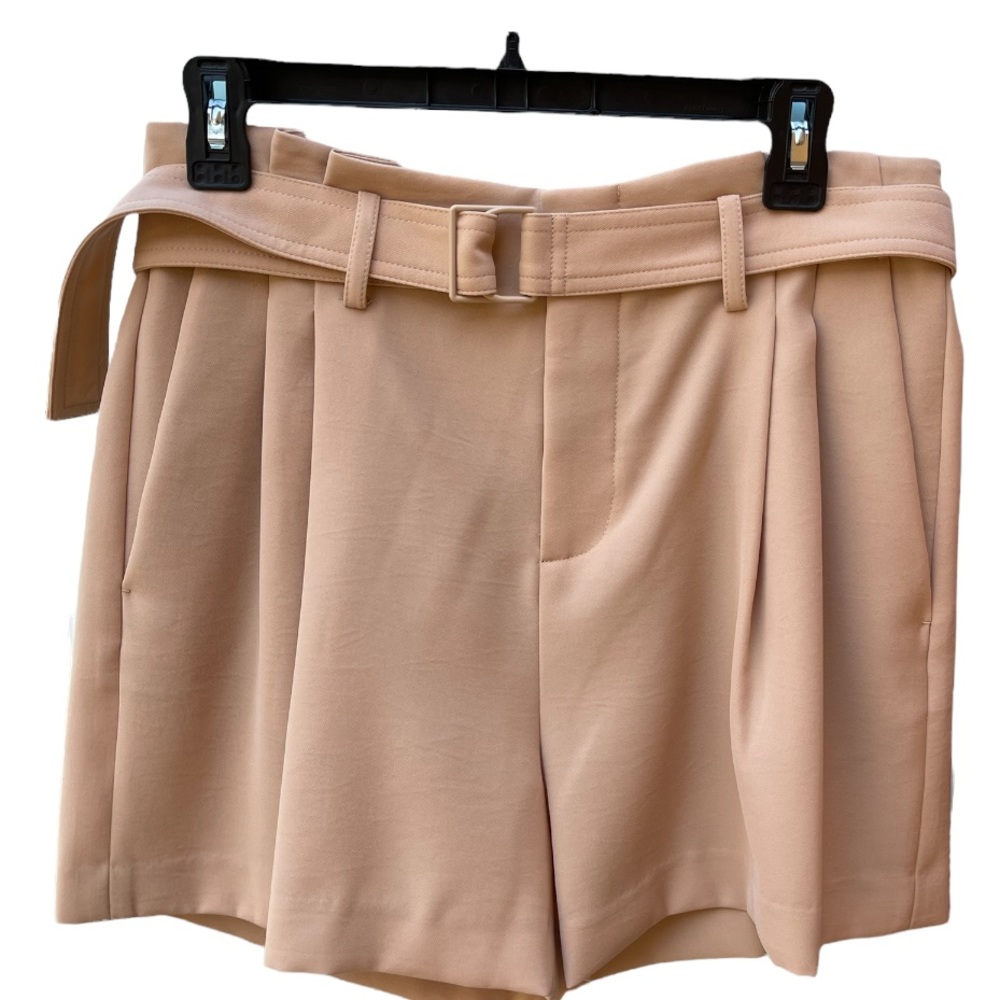 Vince High-Waist Pleated Belted Shorts in Beige